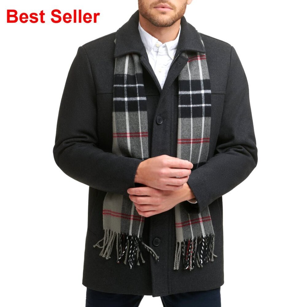 Men's Wool Blend Coat with Removable Scarf, Quilted Lining, Multiple Pockets